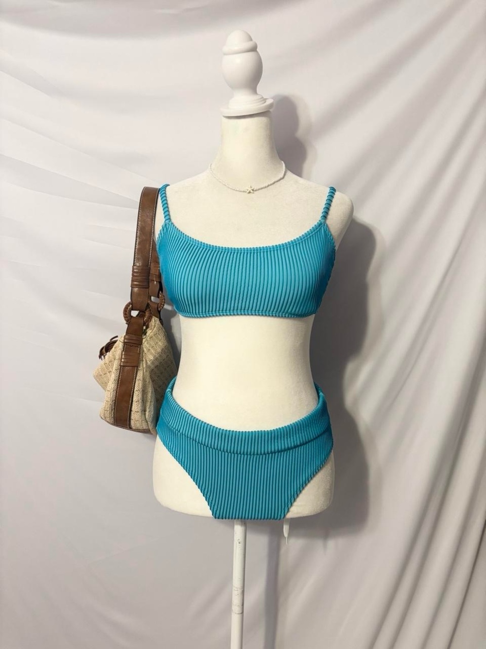 Y2k Blue Crinkle Bikini with Criss Cross Back